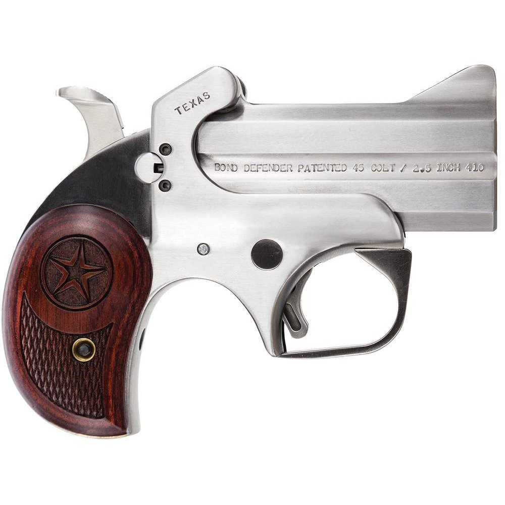 bond-arms-texas-defender-45-long-colt-3in-stainless-steel-pistol-2-rounds-1147655-1.jpg Bond Arms Texas Defender 45 (Long) Colt 3in Stainless Steel Pistol – 2 Rounds - Image 1