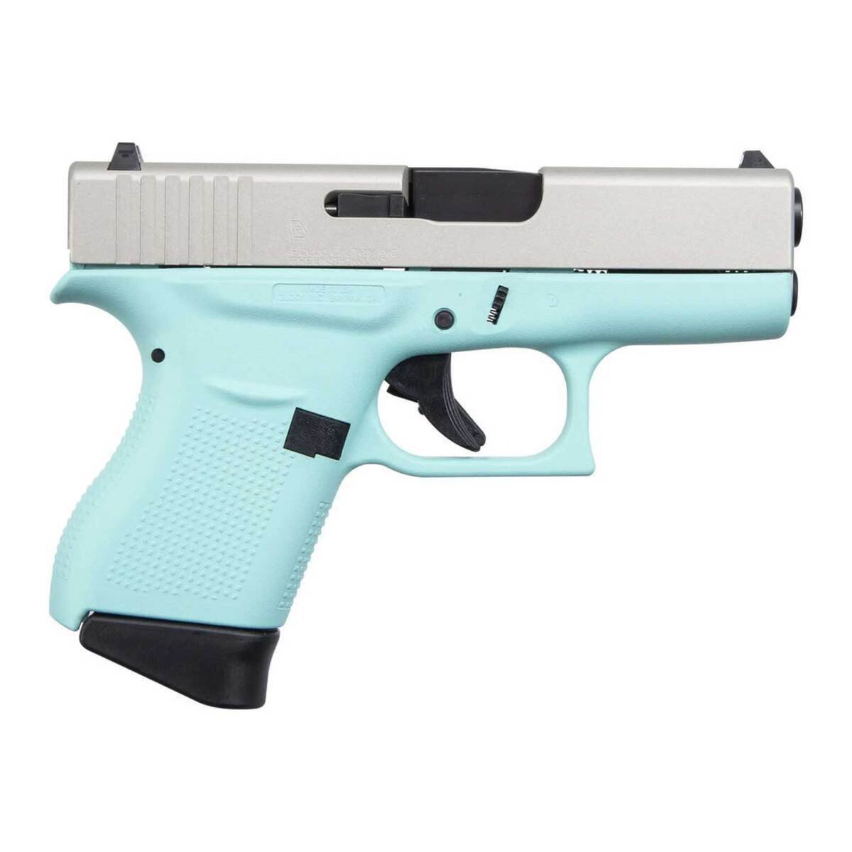 glock-43-robins-egg-blue-9mm-luger-339in-cerakote-shimmering-aluminum-pistol-61-rounds-1618494-1.jpg Glock 43 Robins Egg Blue 9mm Luger 3.39in Cerakote Shimmering Aluminum Pistol – 6+1 Rounds - Image 1