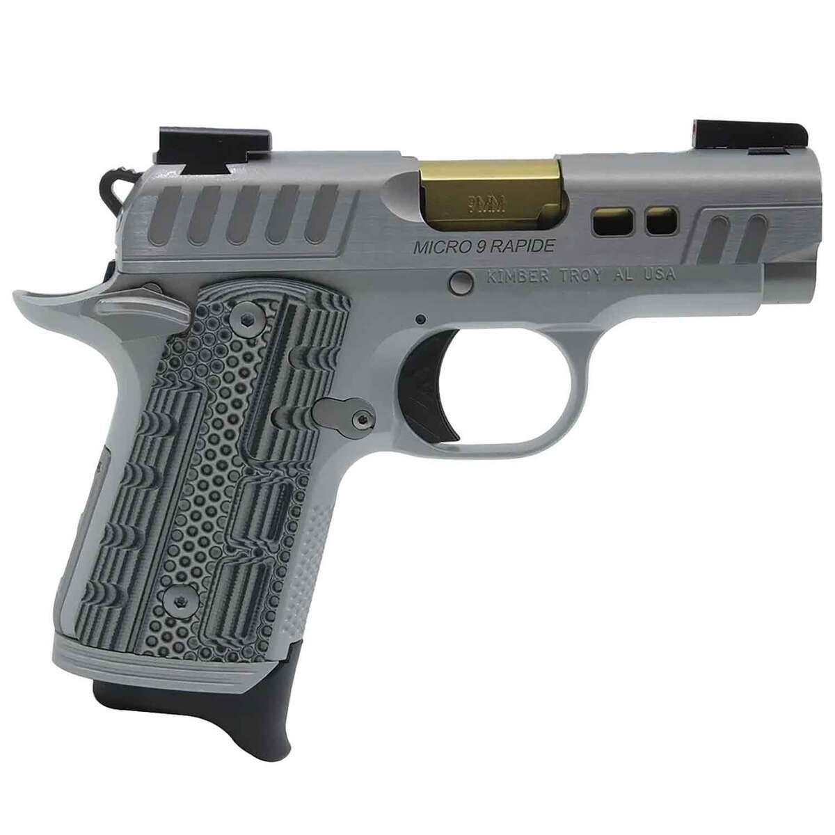 kimber-micro-9-rapide-dawn-9mm-luger-315in-silver-kimpro-ii-pistol-71-rounds-1726831-1.jpg Kimber Micro 9 Rapide Dawn 9mm Luger 3.15in Silver KimPro II Pistol – 7+1 Rounds - Image 1