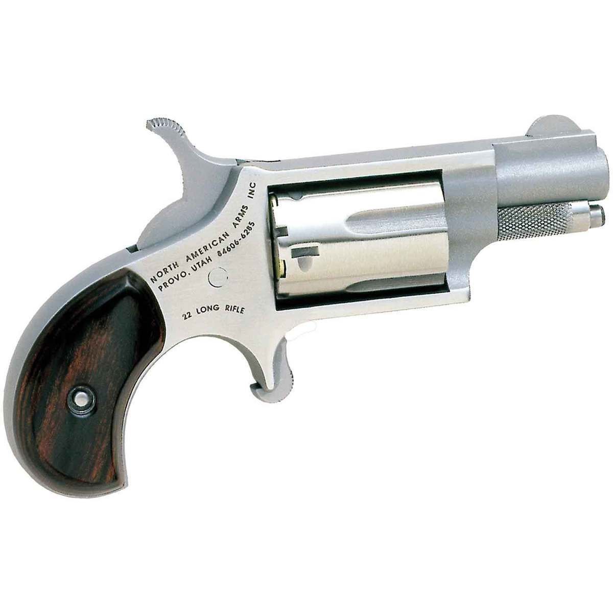 north-american-arms-22-lr-mini-revolver-310154-1.jpg North American Arms 22 Long Rifle 1.1in Stainless Steel w/ Rosewood Birdshead Grips Mini Revolver – 5 Rounds - Image 1
