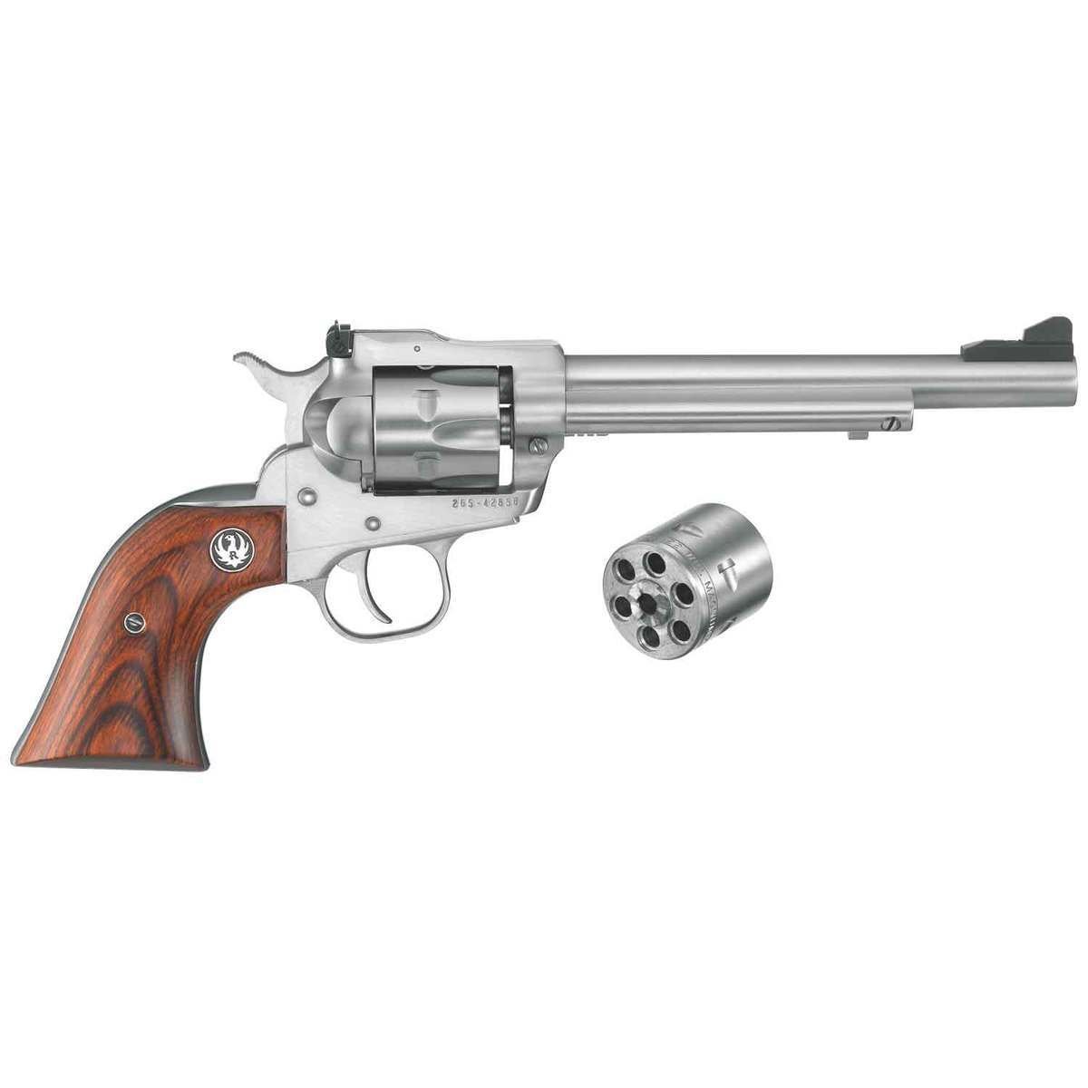 ruger-new-model-single-six-convertible-22-wmr-22-mag22-long-rifle-65in-stainless-revolver-6-rounds-301816-1.jpg Ruger New Model Single-Six Convertible 22 WMR (22 Mag)/22 Long Rifle 6.5in Stainless Revolver – 6 Rounds - Image 1
