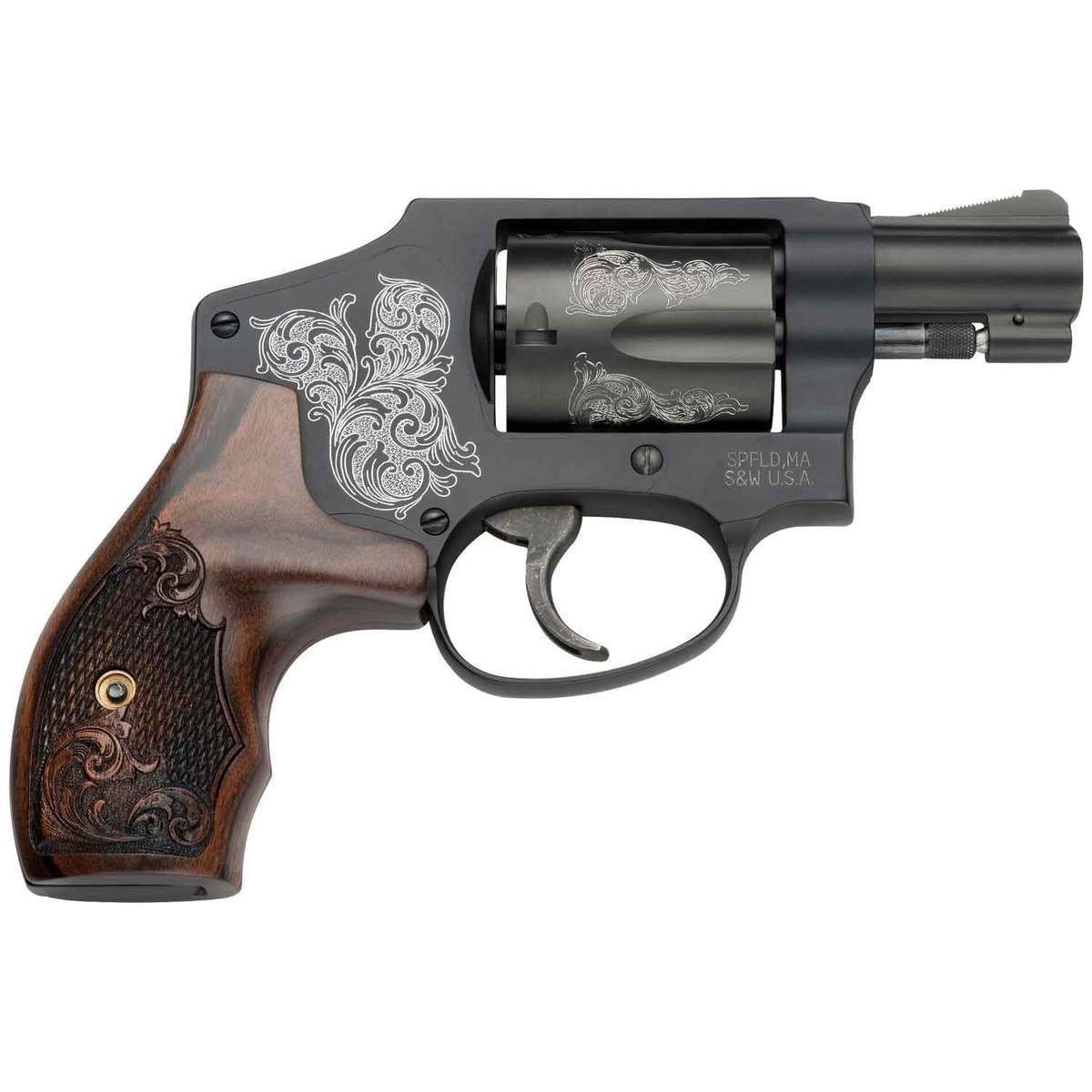 smith-wesson-model-442-revolver-1456929-1.jpg Smith & Wesson Model 442 38 Special 1.88in Matte Black Engraved/Wood Engraved Revolver – 5 Rounds - Image 1