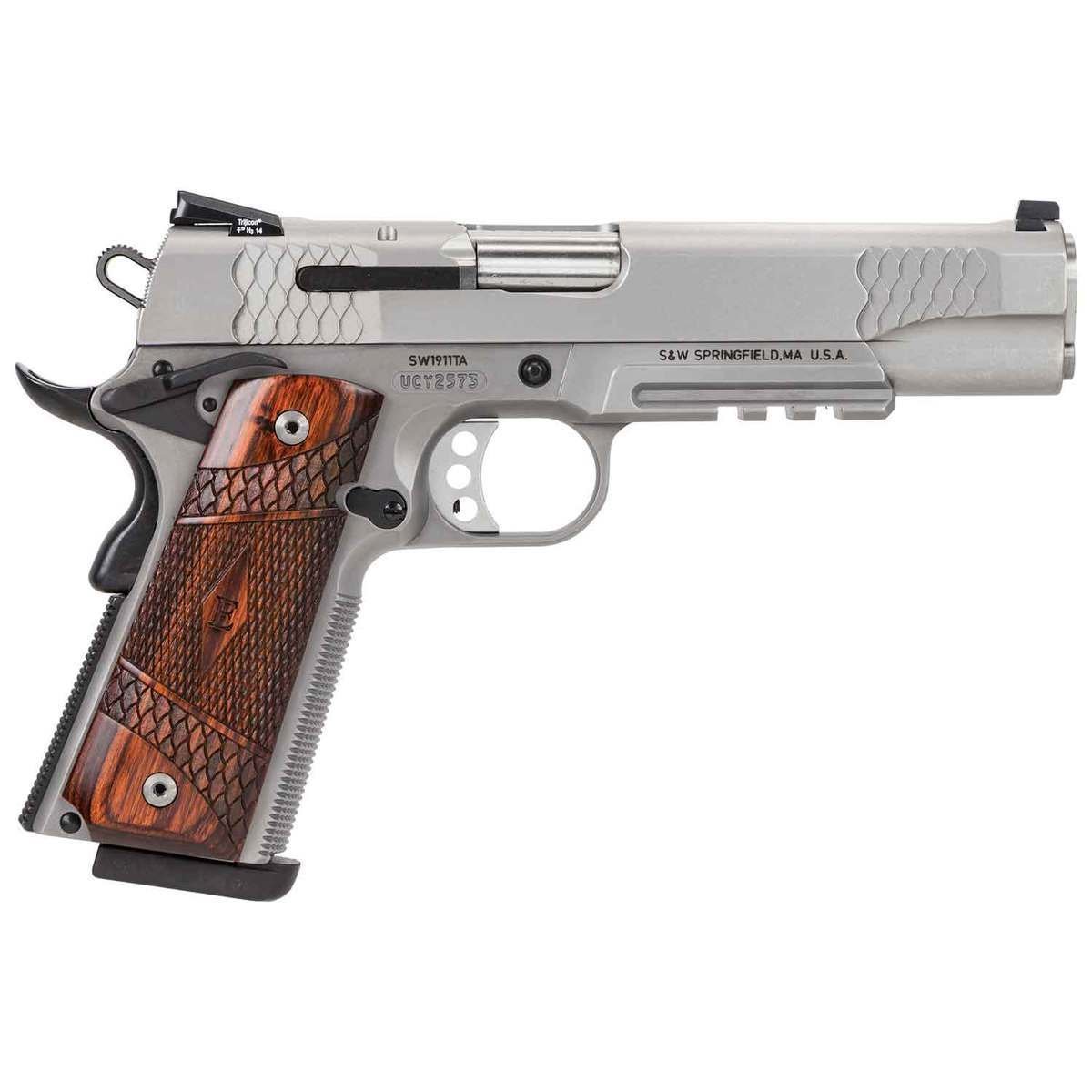 smith-wesson-sw1911-e-series-pistol-1264728-1.jpg Smith & Wesson 1911 E Series 45 Auto (ACP) 5in Satin Stainless Pistol – 8+1 Rounds - Image 1